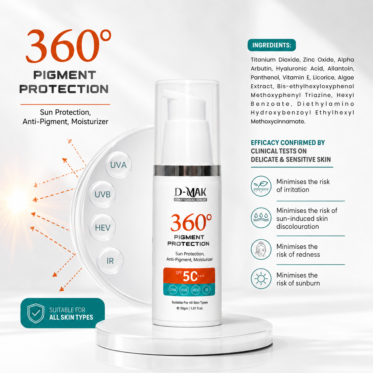 D-MAK 360° Sunscreen Dermatologically Tested Active Ingredients