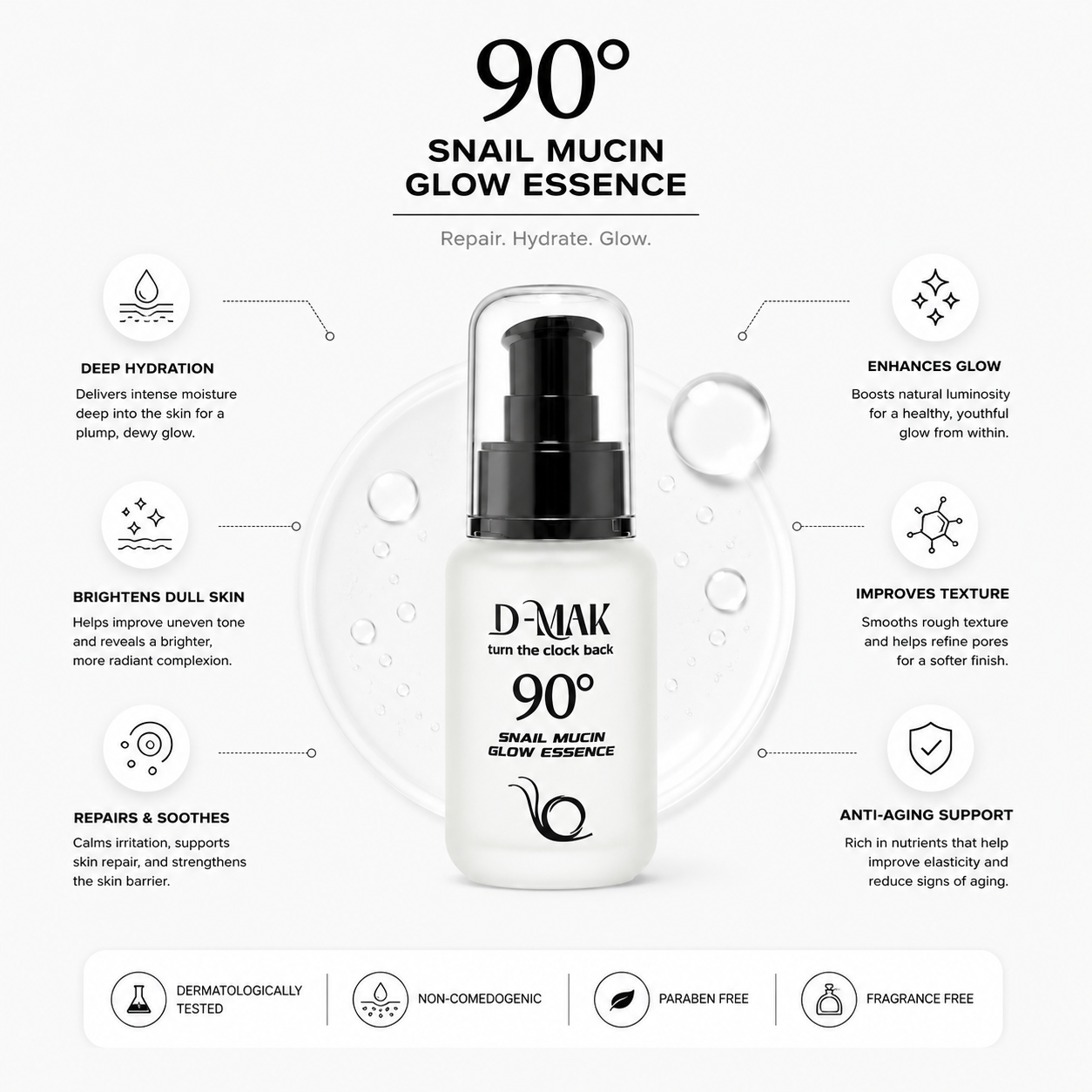 D-MAK 90° Snail Mucin Glow Essence Benefits